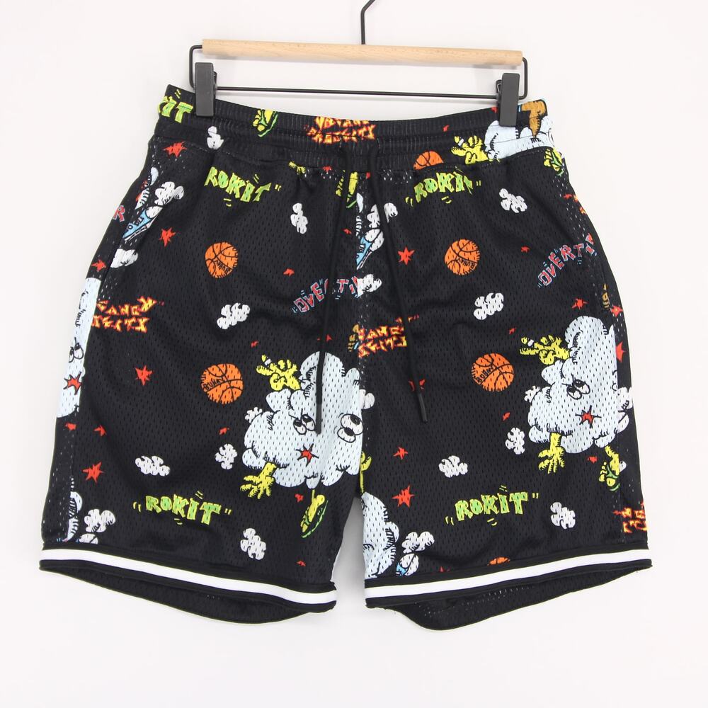 Rokit Overtime Shorts Mens M Black Graphic Basketball Mesh Drawstring